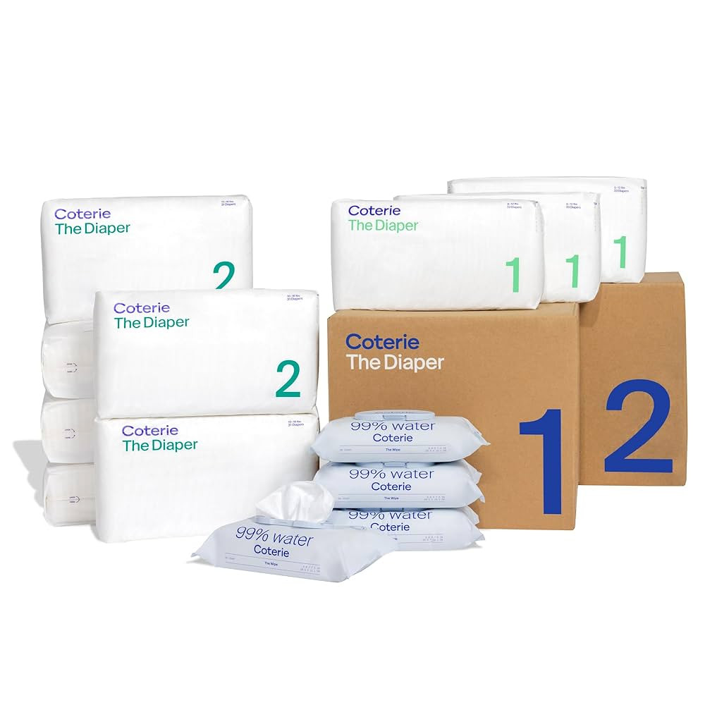 Coterie Baby Wipes + Diapers Kit, Size 1 (99 Count) & Size 2 Diapers (186 Count), 4 Pack (224) Ba... | Amazon (US)