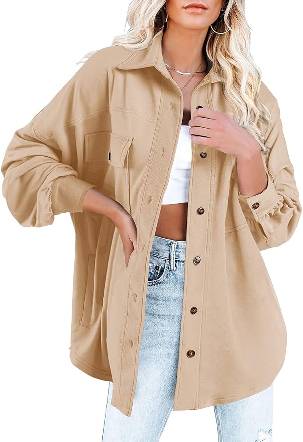 Mafulus Women's Button Down Jacket Shacket Lapel Collar Lantern Long Sleeve Loose Coat with Pocke... | Amazon (US)