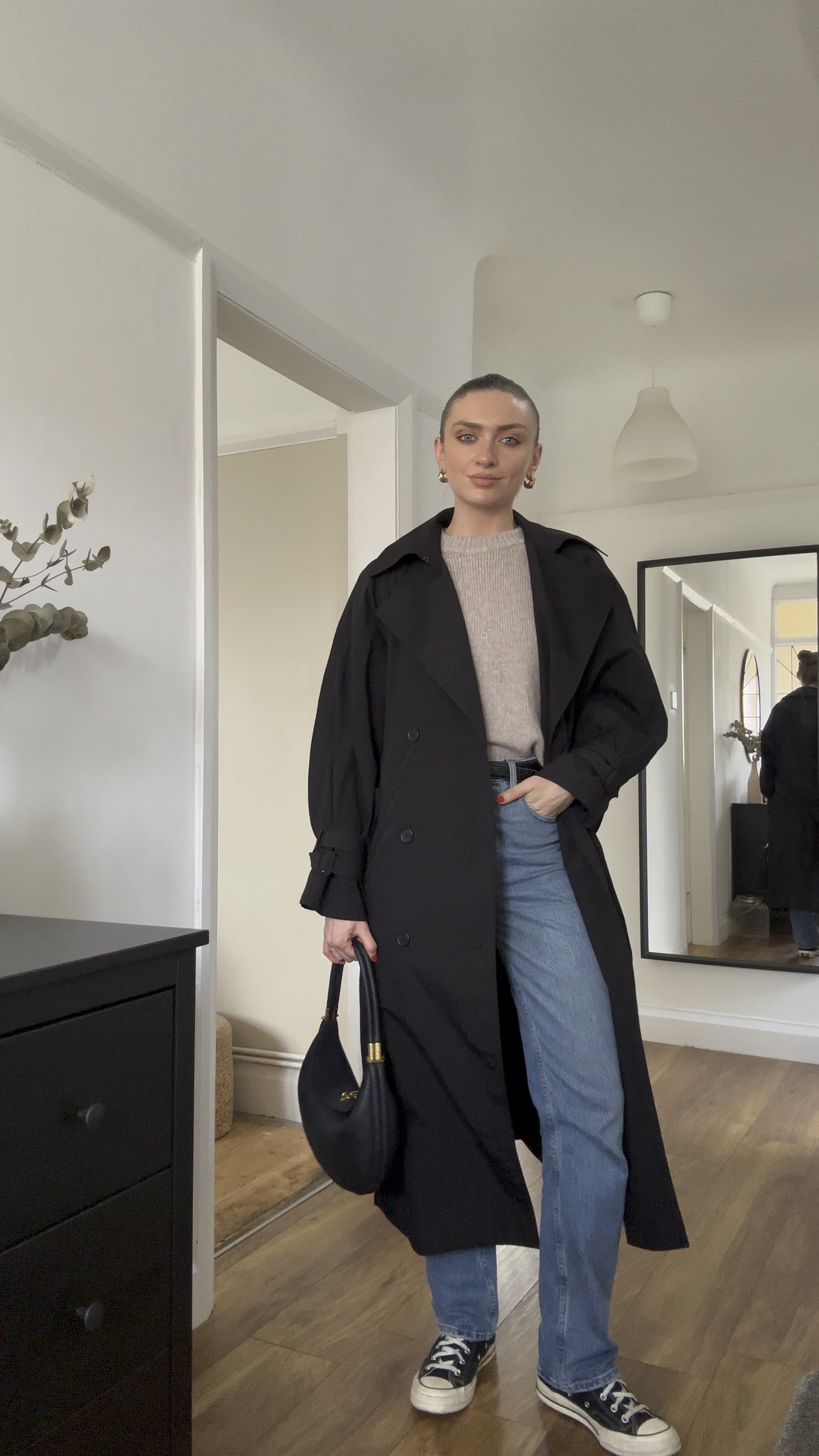 Today’s OOTD

Small in the & Other Stories black crinkled effect trench-coat 

Abercrombie jumper (mine is old so have linked similar)

26 Reg in the Abercrombie Ultra High Rise 90s Straight Jean
In ‘medium’ wash
Store Item: 155-555-2982-278
Web Item: 311431/155-2644-2982-278

Converse chuck 70 hi-top trainers

Missoma earrings 

Songmont luna black bag 