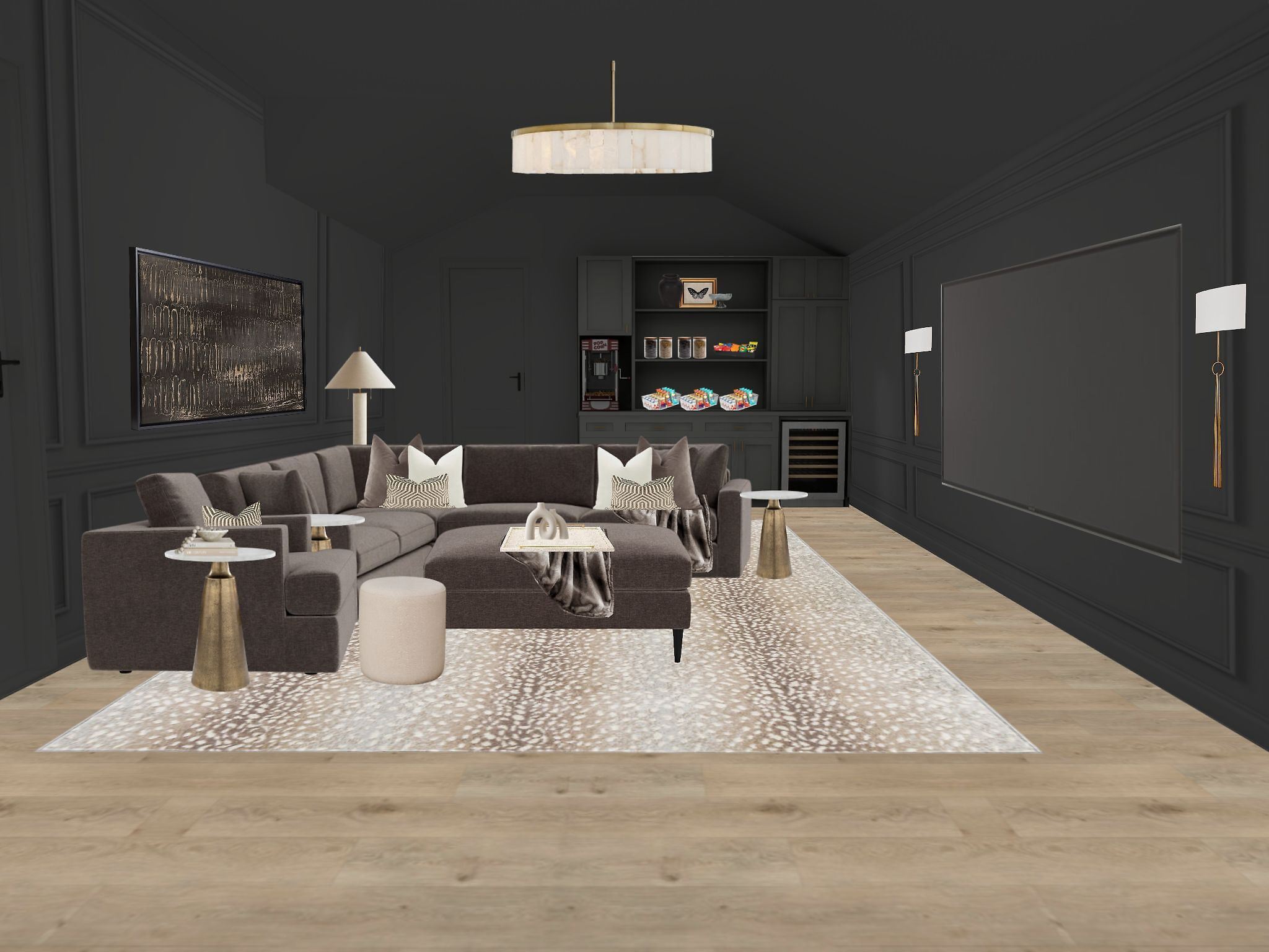 Luxe home movie theater 🤍 this space is such a vibe. The darker walls make it feel so cozy and cinematic, but still really elevated with the lighter rug and warm tones layered in. Perfect for movie nights but still feels like a beautiful, designed space. 

 #LTKHome #LTKSaleAlert