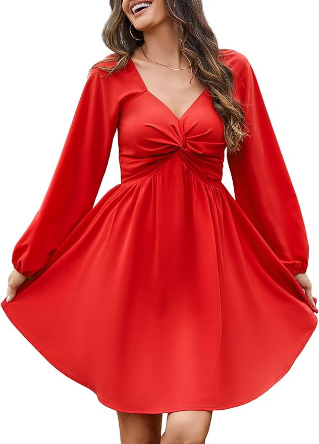 Florboom Women's Sweetheart Knot Front Dress Lantern Long Sleeve Smocked Back A-Line Chiffon Mini... | Amazon (US)