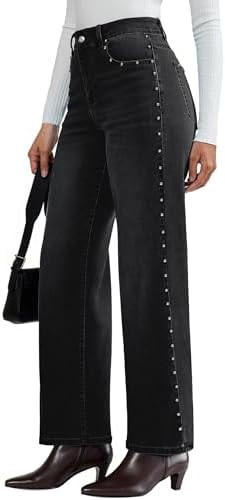 luvamia Women Jeans Wide Leg High Waisted Trendy Side Studded Embellished Distressed Stretchy Den... | Amazon (US)