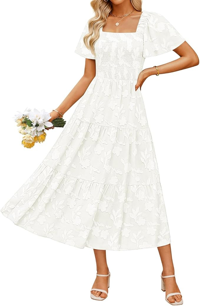 ZESICA Women‘s Summer Boho Floral Midi Dress 2025 Casual Short Sleeve Square Neck Flowy Beach V... | Amazon (US)