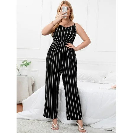 Women s Plus Vertical Striped Wide Leg Cami Jumpsuit 2022 Black and White Elegant A044W | Walmart (US)