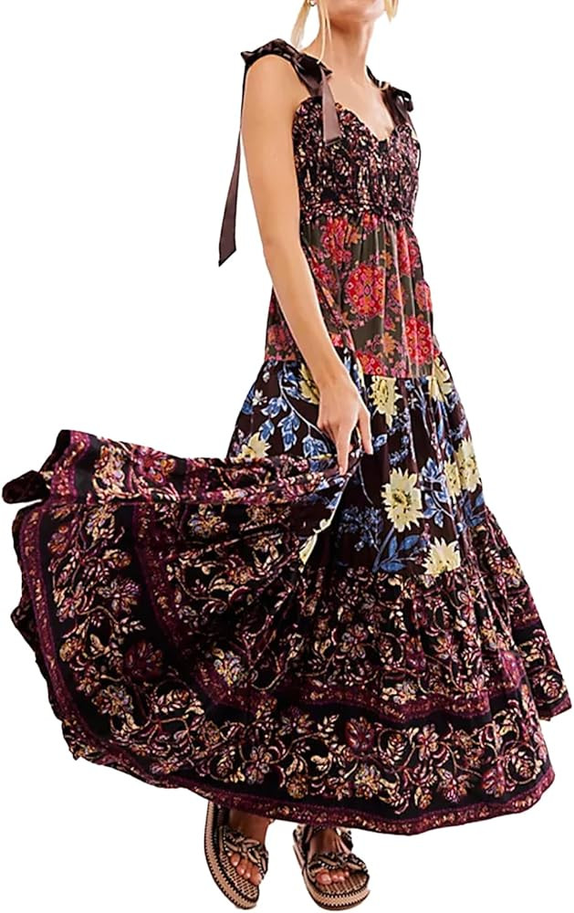 Women Floral Maxi Dress Sleeveless Tie Shoulder Bohemian Flowy Smocked Dresses Casual Summer Sund... | Amazon (US)