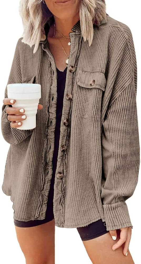 yoeasy Women Waffle Knit Shacket Jacket Long Sleeve Solid Color Button Down Blouse | Amazon (US)