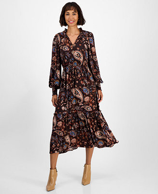T Tahari Women's Printed Split-Neck Long-Sleeve Midi Dress - Macy's | Macy's
