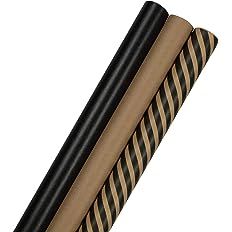 JAM PAPER Gift Wrap - Kraft Wrapping Paper - 87.5 Sq Ft Total - Black Kraft Stripes and Solid Del... | Amazon (US)