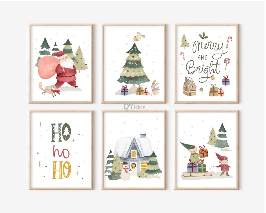 Christmas Prints, Kids Room Xmas Decor, Playroom Printable Wall Art, Set of 6 Christmas Tree Sant... | Etsy (US)