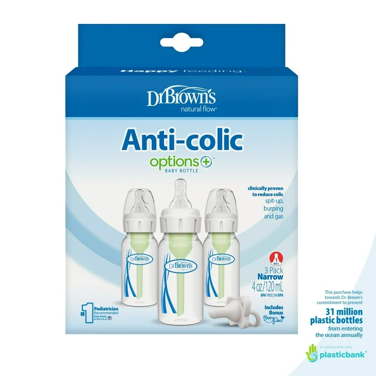Dr. Brown’s Natural Flow Anti-Colic Options+ Narrow Baby Bottle, 4oz, Slow Flow, 0m+, 3 Pack | Walmart (US)