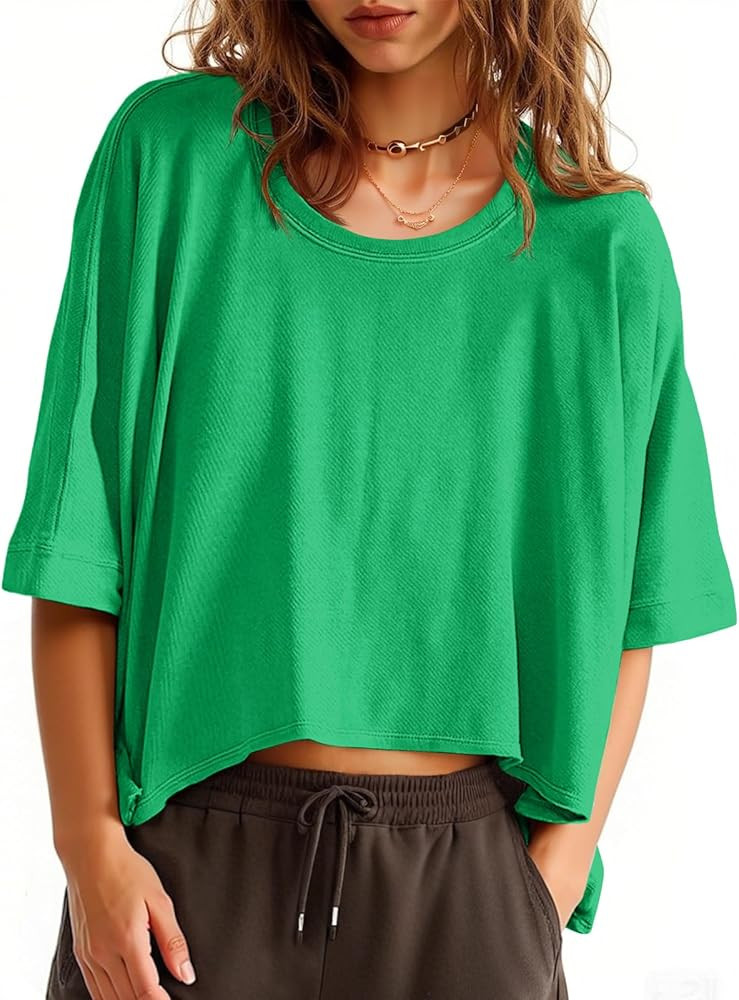 Tankaneo Womens Oversized T-Shirts Cropped Summer Casual Short Sleeve Loose Fit Tee Tops | Amazon (US)