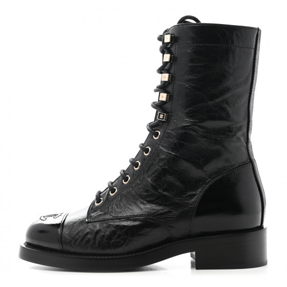 CHANEL Crumpled Lambskin Shiny Calfskin Lace Up Combat Boots 35.5 Black | Fashionphile