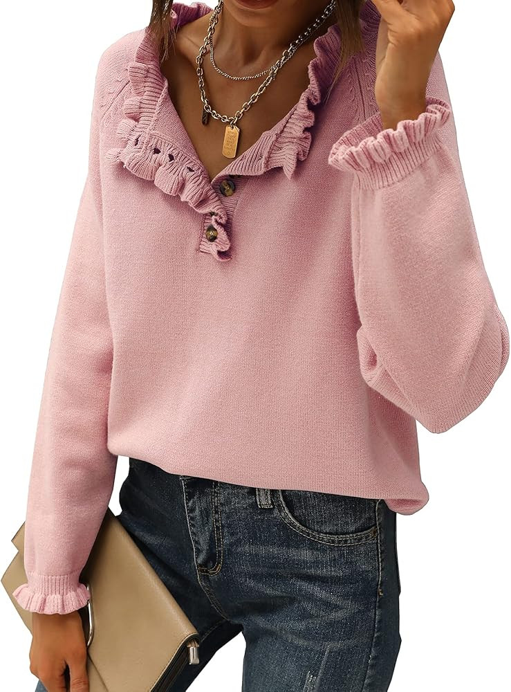 BTFBM Women's Sweaters Casual Long Sleeve Button Down Crew Neck Ruffle Knit Pullover Sweater Tops... | Amazon (US)