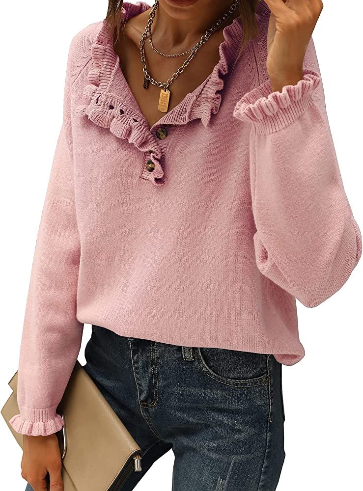 BTFBM Women's Sweaters Casual Long Sleeve Button Down Crew Neck Ruffle Knit Pullover Sweater Tops So | Amazon (US)