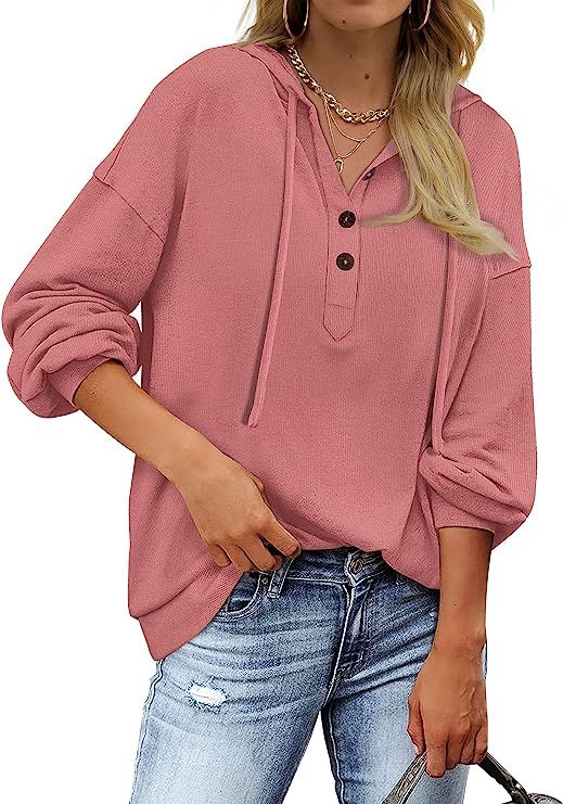 Saloogoe Hoodies Lightweight V Neck Sweatshirts Long Sleeve Shirts Loose Fit Sweaters S-2XL | Amazon (US)