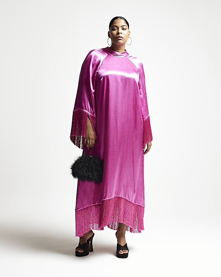 Plus pink RI Studio satin fringe maxi dress | River Island (UK & IE)