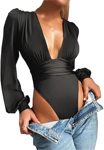 Weigou Women Jumpsuits Long Sleeve V Neck Pleated Loose Bodysuits Tops For Women Leotard Shirts | Amazon (US)