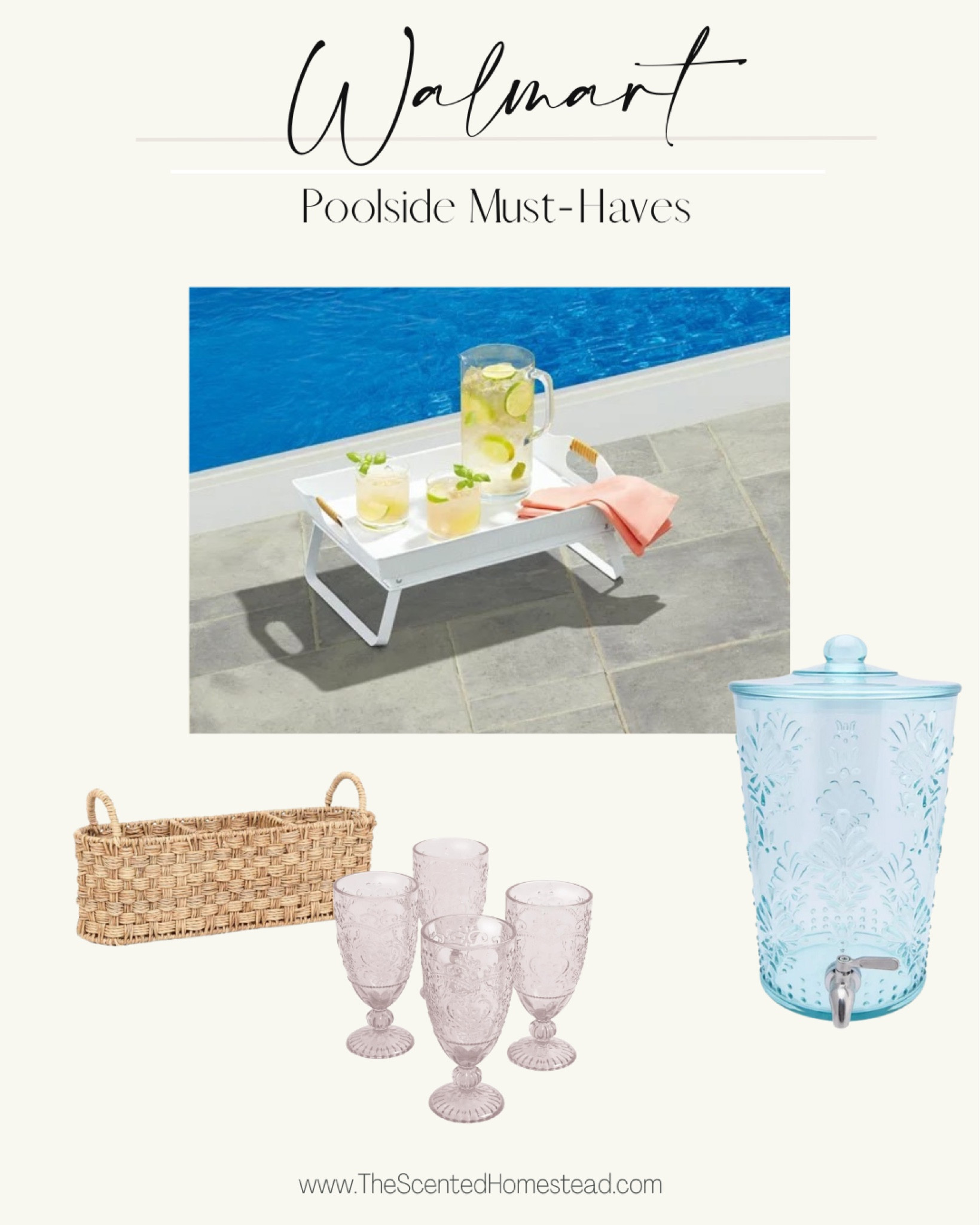 Pool-side must haves, Walmart summer items, The Pioneer Women, summer drink pitcher, Better Homes & Gardens rattan oval caddy, silverware holder, rectangle bed tray, goblet drinking set 

#LTKunder50 #LTKSeasonal #LTKhome