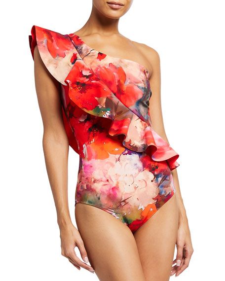 Chiara Boni La Petite Robe Atlante Printed One-Shoulder Ruffle Swimsuit | Neiman Marcus