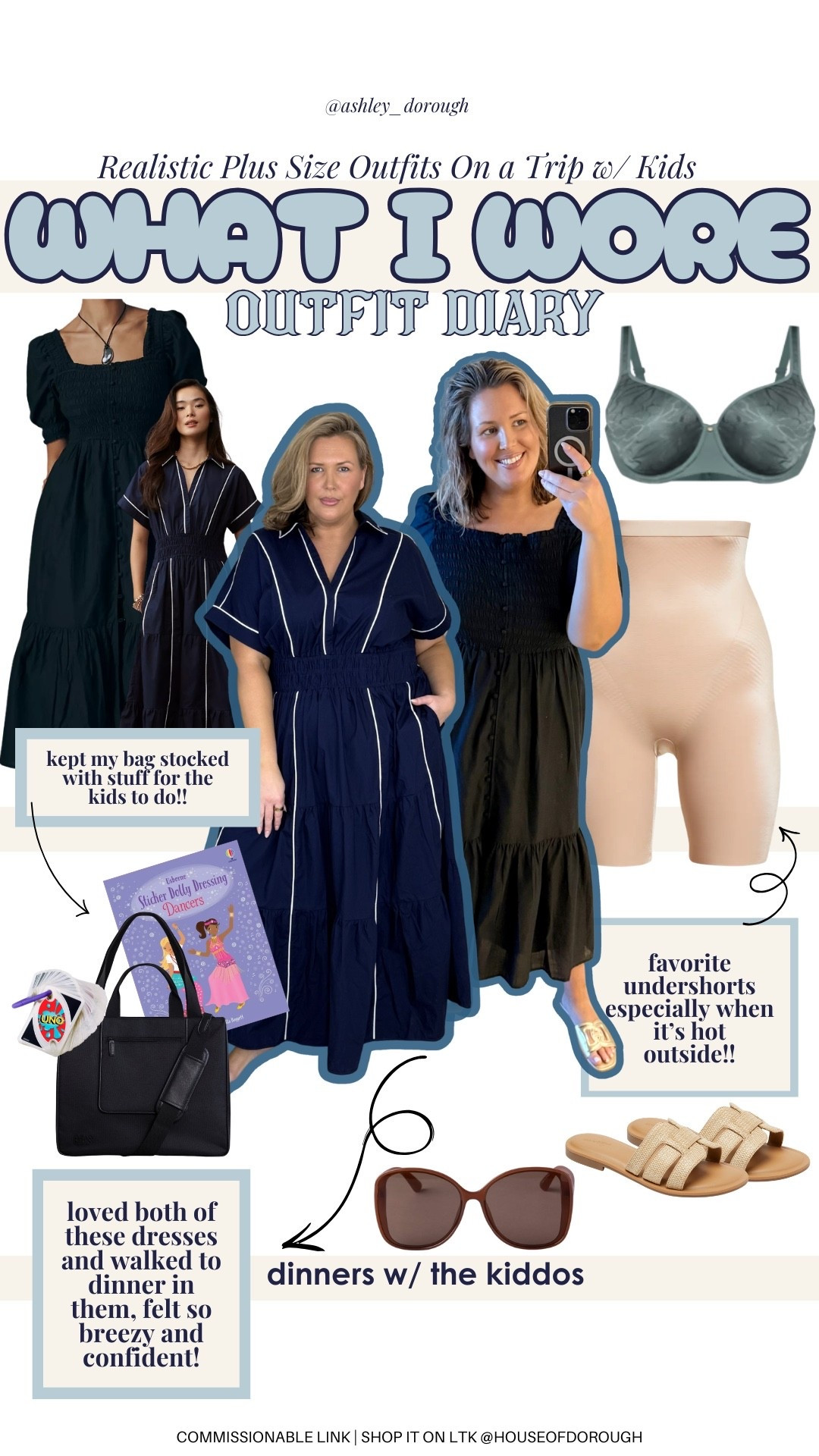 On 2 nights I took the kids to dinner, and brought this tote instead of a purse and stacked it full of kid activities — worked like a charm! Wearing a 2X in the navy dress and 1X in the black dress! Love these spanx undershorts, size up if in between! I like 3X! Ashleydxspanx discount code! 
This bra is my new fave! 