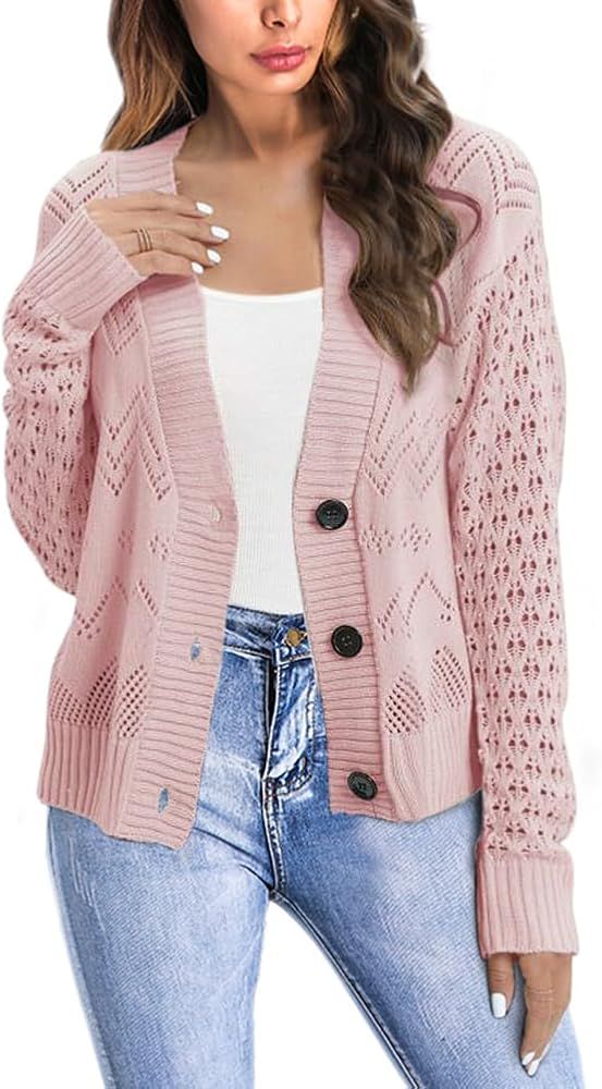 Women's Long Sleeve Open Front Cardigan Cable Knit Cardigan Sweaters Lightweight Hollow Out Butto... | Amazon (US)