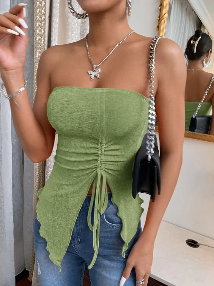 SHEIN Essnce Drawstring Front Split Asymmetrical Hem Tube Top | SHEIN