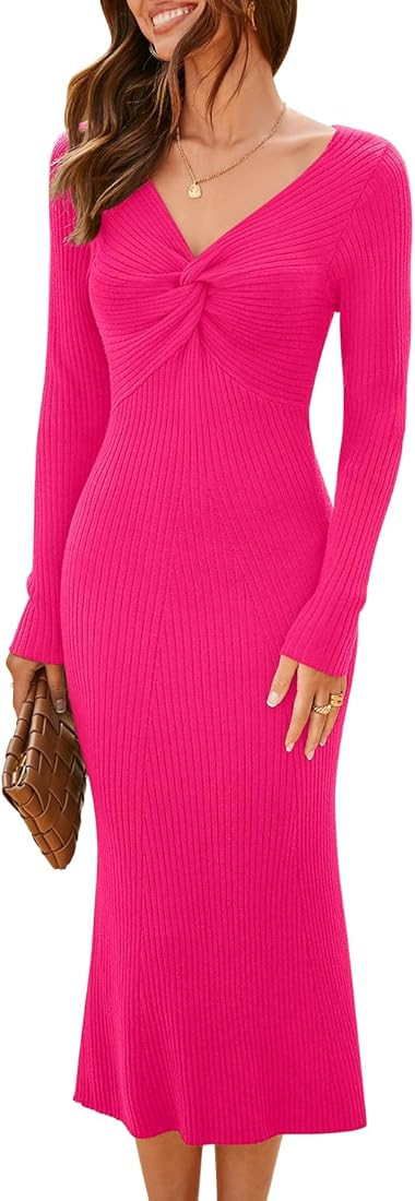 MIHOLL Womens 2024 Sweater Dress Long Sleeve V Neck Twist Front Slim Fit Ribbed Knit Bodycon Midi... | Amazon (US)