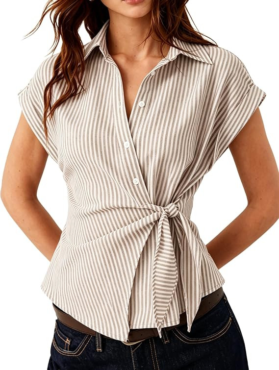 Women's Striped Button Down Shirt Blouse Short Sleeve Front Tie Asymmetric Hem Casual Top for Wor... | Amazon (US)