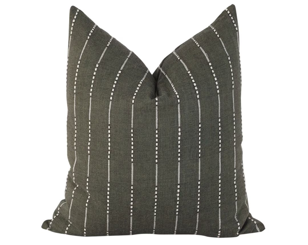 Dark Green Stripe Pillow Cover, Green Linen Pillow Covers 18x18, Green Throw Pillow, Modern Boho ... | Etsy (US)