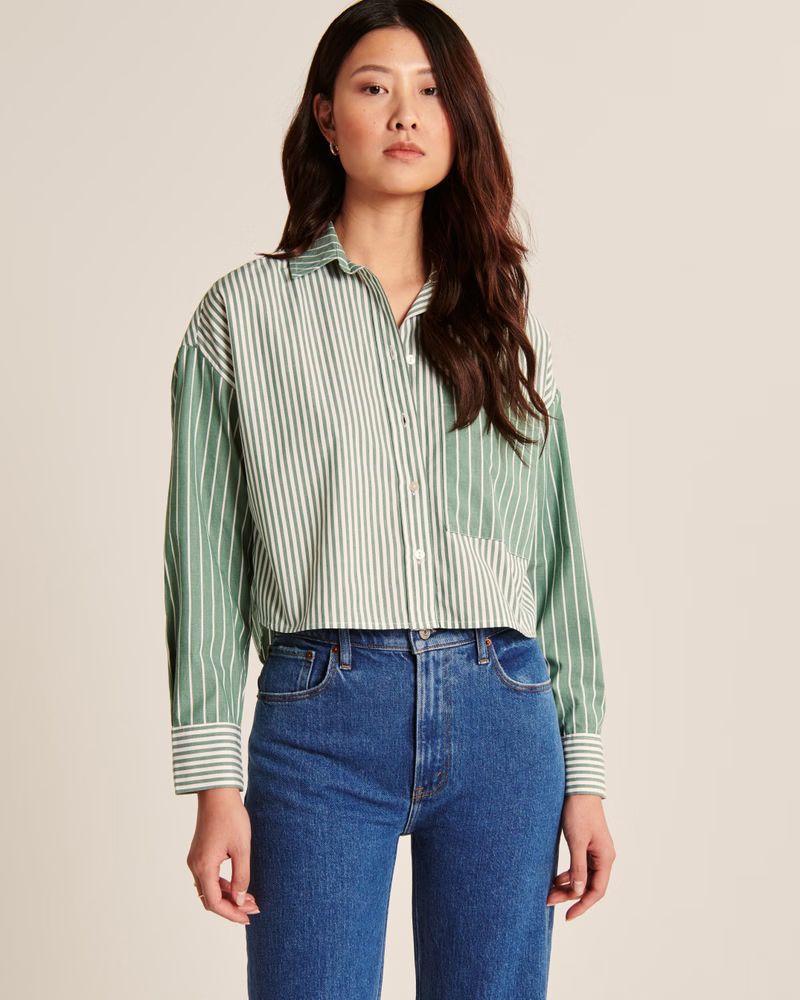 Women's 90s Cropped Boxy Poplin Striped Button-Up Shirt | Women's Tops | Abercrombie.com | Abercrombie & Fitch (US)