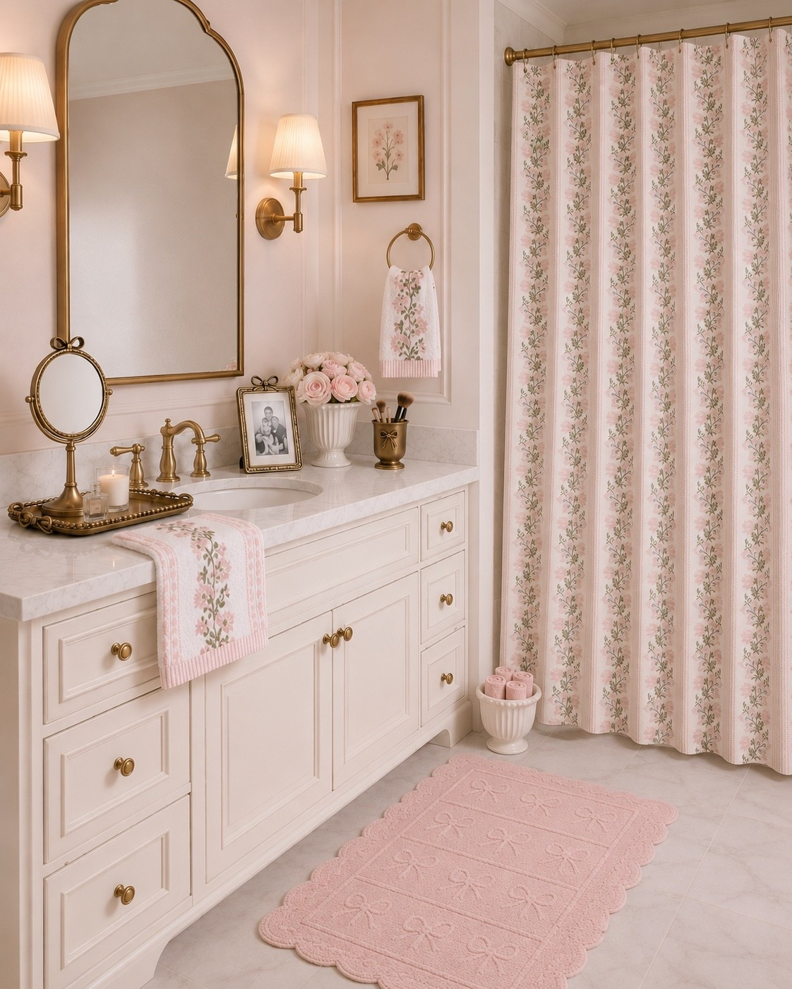 The prettiest luxe bathroom refresh on a Target budget 🛁🎀 Blush pink towels, floral shower curtains, scalloped bow bath mats, antique brass accents, vanity mirrors, bow details, and romantic florals make this bathroom feel so feminine and elevated. Perfect for a girly bathroom, vintage-inspired vanity setup, or soft pink bathroom decor refresh

#LTKHome #LTKSaleAlert