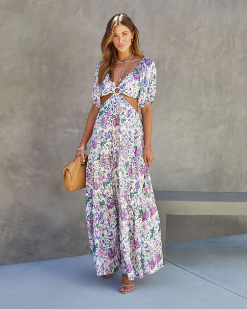 Floral Paradise Satin Cutout Maxi Dress | VICI