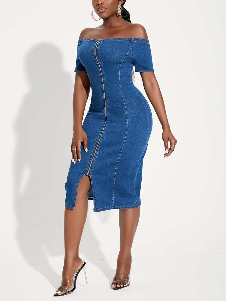SHEIN SXY Off Shoulder Zip Front Denim Dress | SHEIN