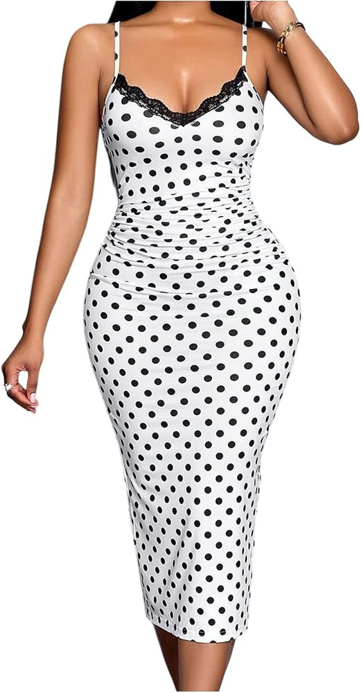 WDIRARA Women's Polka Dots Bodycon Cami Dress Lace Trim V Neck Split Back Midi Dresses | Amazon (US)