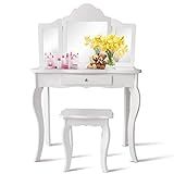 HOMGX Vanity Set with Two 180° Tri-Folding Real Mirror and Stool, Princess Makeup Dressing Table wit | Amazon (US)