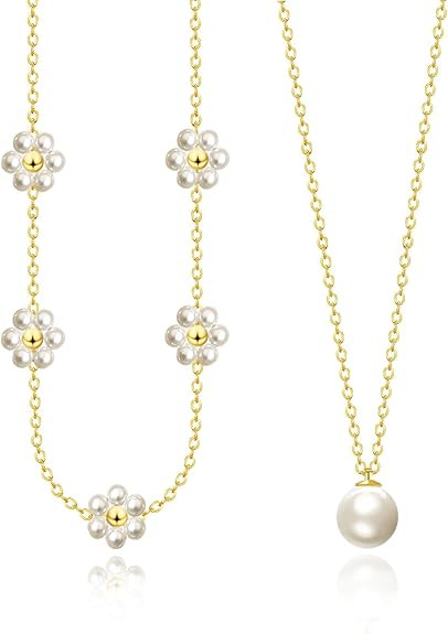 OGD Gold Pearl Necklaces Set for Women 14K Gold Plated Dainty Layered Pearl Cute Daisy Pearl Chok... | Amazon (US)