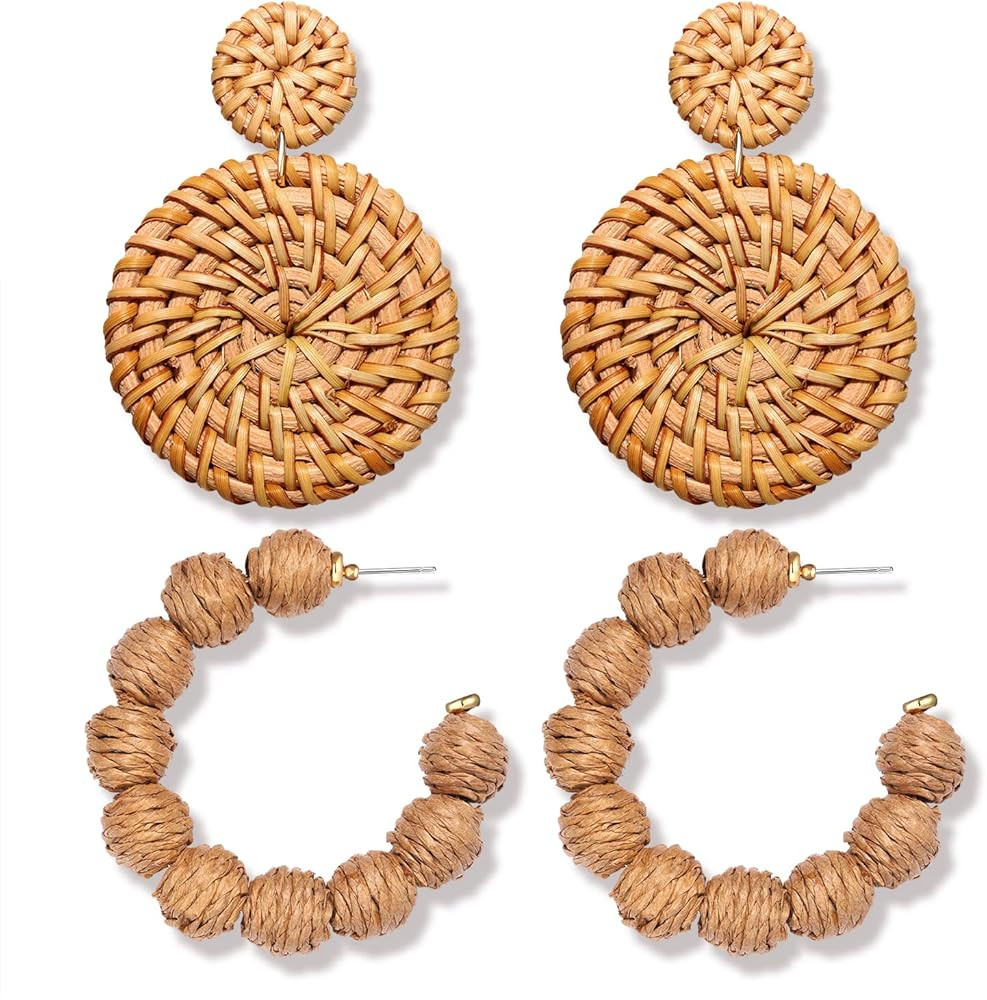 Rattan Earrings Statement Hoop Earrings for Women Straw Earrings Woven Dangle Drop Earrings (Ratt... | Amazon (US)