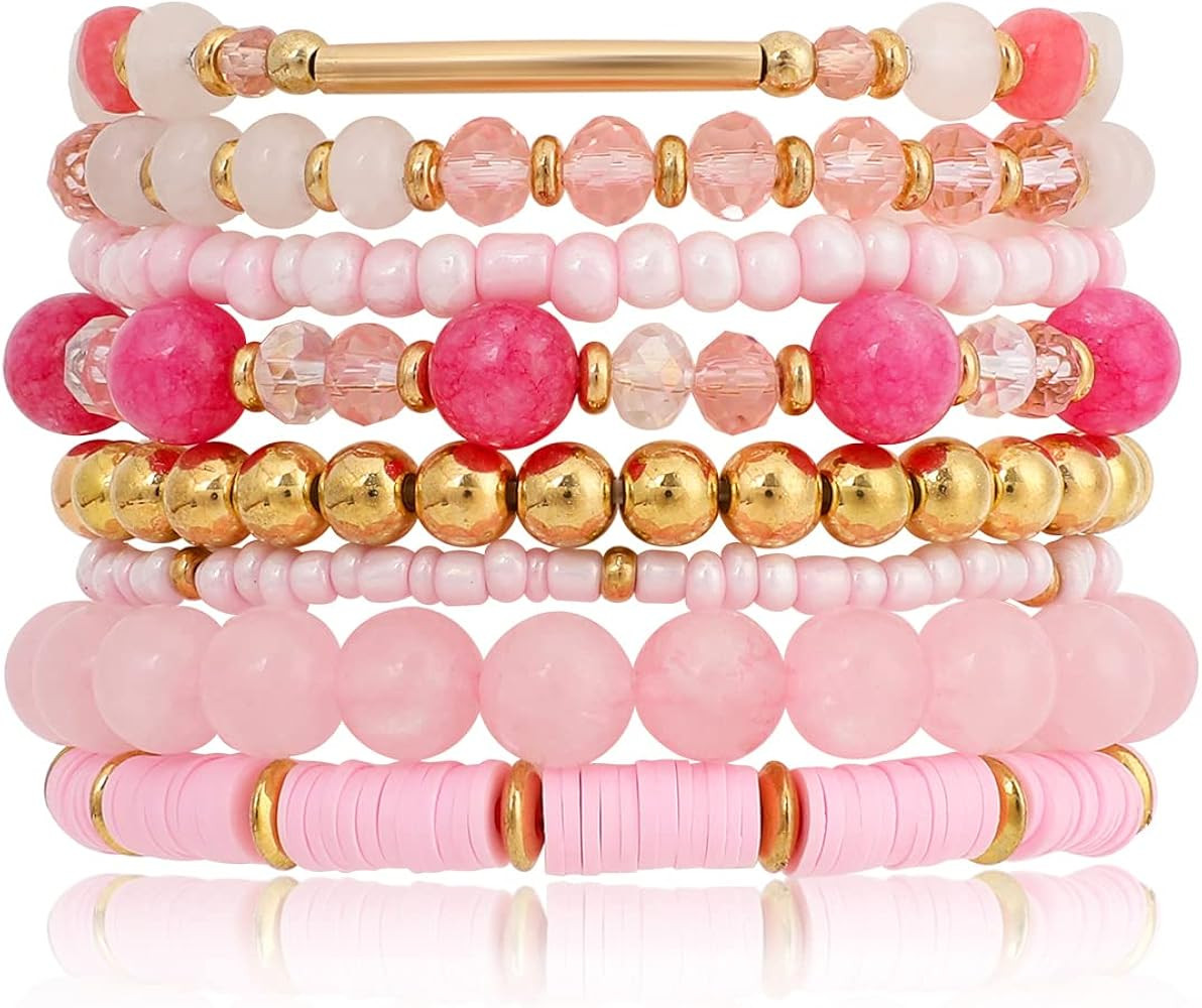 Pink Bracelets Bohemian Multi-Layer Beaded Stacking,8 Pcs Versatile Strand Stretch Sparkly Crysta... | Amazon (US)