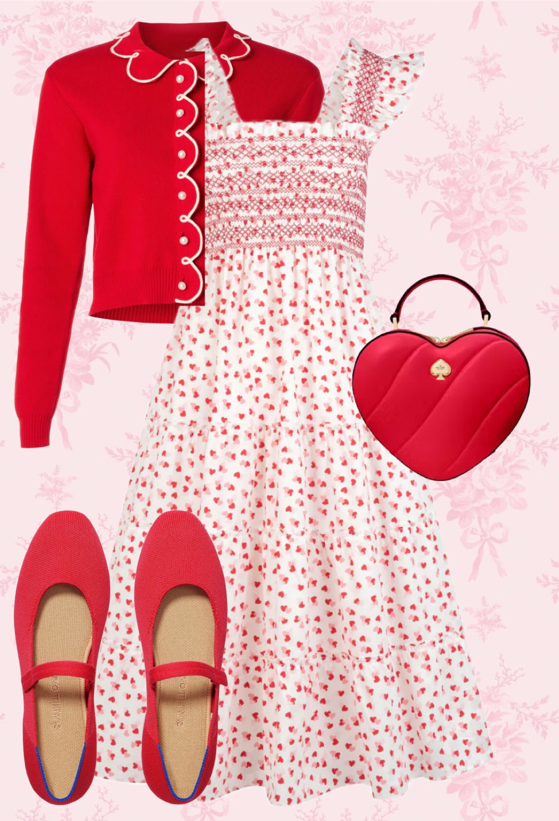 Valentines Day outfit with a heart print hill house dress and red scallop cardigan. This Nap Dress is perfect for an evening in or a night out  