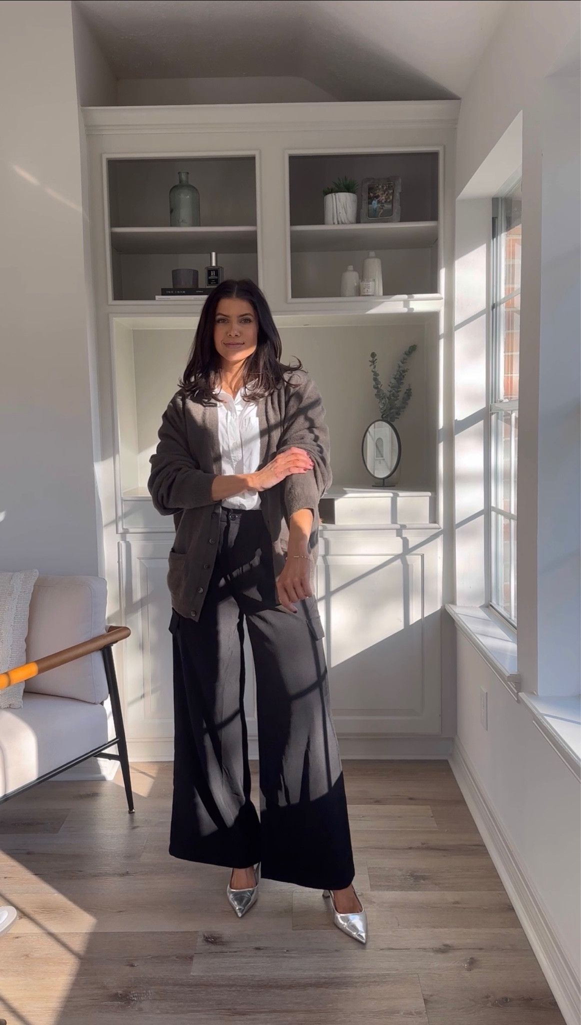 Green cardigan is thrifted- linking similar for you girls
Black cargo trousers- size small. I am 5’5”
White button up- fits oversized. Wearing a small
Metallic heels are Zara- linking similar 

#LTKstyletip #LTKsalealert #LTKfindsunder50