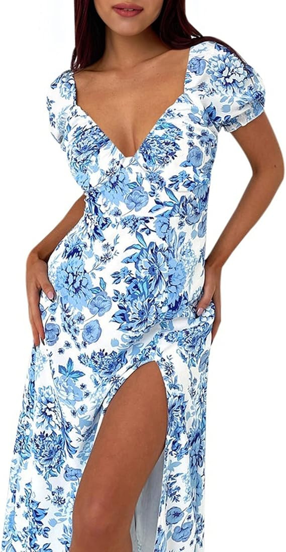 AIMCOO Womens Sweetheart V Neck Floral Midi Dress Short Puff Sleeve Side Split Smocked Back Casua... | Amazon (US)