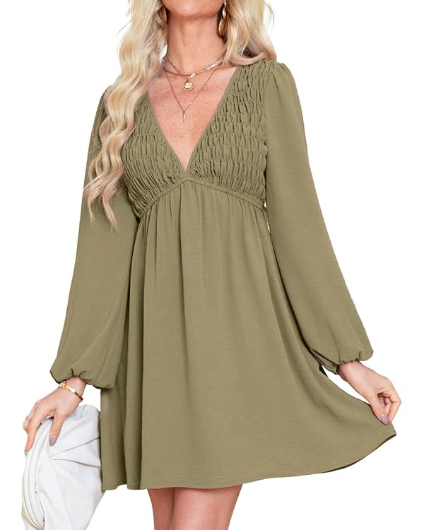 BerryGo Women's Casual Long Sleeve Babydoll Flowy Dress V Neck Swing Party Mini Dress with Pocket... | Amazon (US)