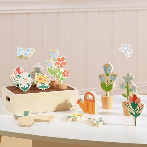 KizKnows Wooden Toy Flower Garden Blossom Flowerpot Set Natural Gardening Toy Playset for Toddlers Pretend Play Wooden Toy Food Set Indoor Garden for Girls Boys 3 Years and Up | Amazon (US)