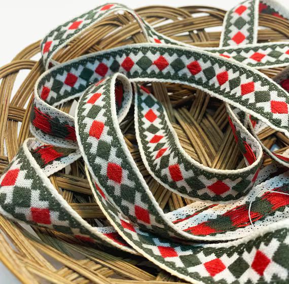 Red and Green Woven Geometric Ribbon Trim on White Background. | Etsy | Etsy (US)