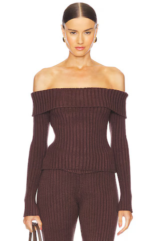 GUIZIO Thalia Rib Off The Shoulder Sweater in Chocolate from Revolve.com | Revolve Clothing (Global)