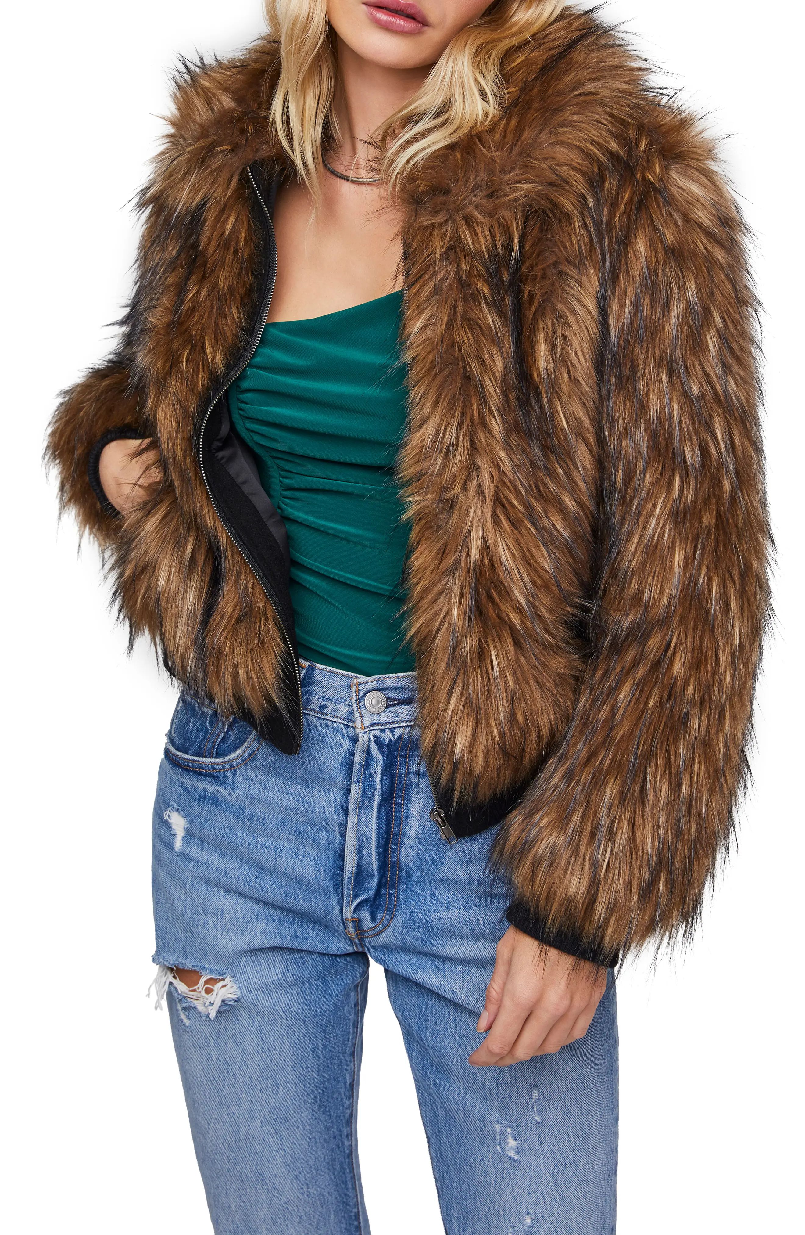 Women's Astr The Label Jiselle Faux Fur Jacket, Size Small - Brown | Nordstrom