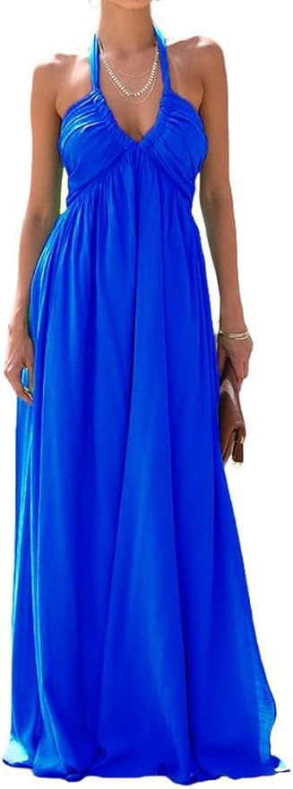 chouyatou Women's Summer Sexy Halter Neck Maxi Smocked Dress Empire Waist Swing Flowy Beach Sundr... | Amazon (US)