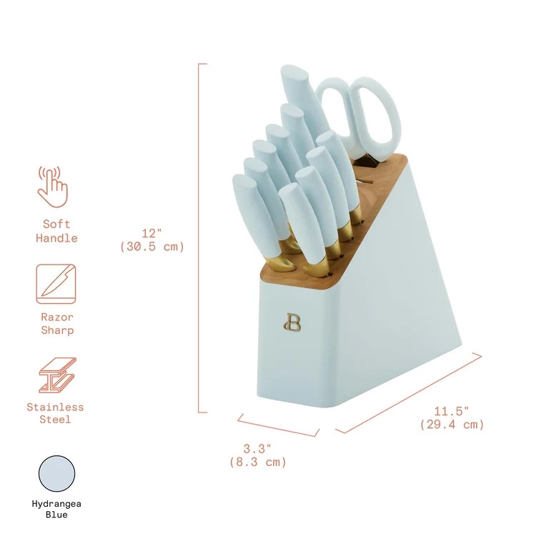 Beautiful 12 Piece Hydrangea Blue and Gold Knife Block Set with Soft-Grip Ergonomic Handles by Dr... | Walmart (US)