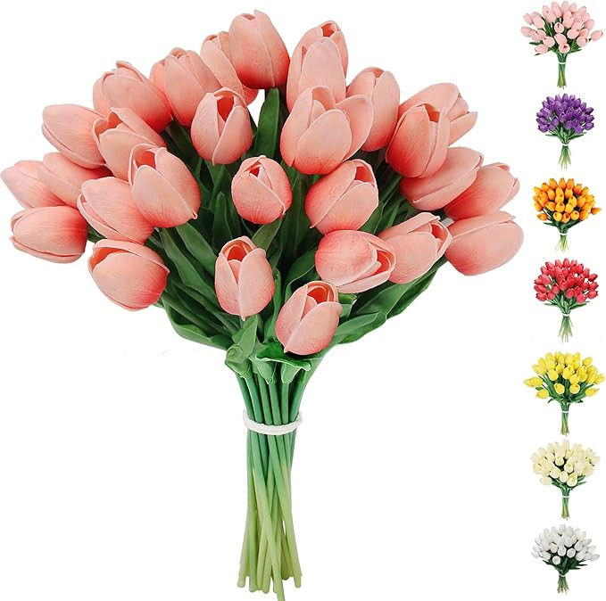 30pcs Artificial Tulips Flowers Fake Latex Tulip Stems - Real Touch Faux Coral Tulips Flower for ... | Amazon (US)