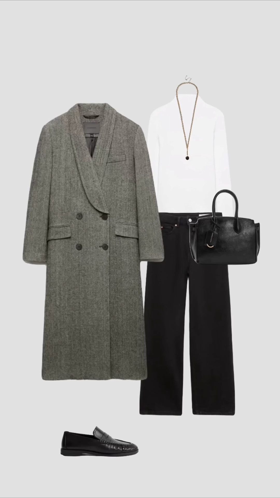 Grey Longline Wool Coat, White High Neck Long Sleeve Top, Black High Waisted Wide Leg Jeans & Loafers Autumn - Winter Smart Casual Work Outfit 🖤

• uk 2026 outfits everyday outfit rainy day outfits cold weather outfit classy outfits office outfit gold pendant necklace •